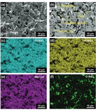 Fig. 2. SEM micrographs and EDS analysis results of surface  layers of Mo x W 1-x Si 2  heaters (a) before and (b) post annealing