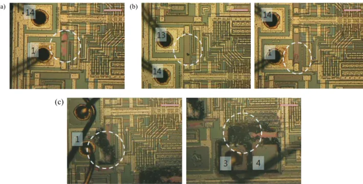 Fig. 6. The damage of CMOS IC by Narrow-band high-power electromagnetic wave. (a) Flicker, electric field amplitude: 26.22  kV/m, (b) self-reset, electric field amplitude: 32.11 kV/m, and (c) destruction, electric field amplitude: 37.08 kV/m