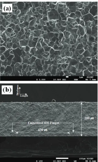 Fig. 5. (a) Surface and (b) cross-sectional FE-SEM images of  the hard PZT laminate with Ag/Pd IDE electrode cofired at  1,050 o C for 2 h.