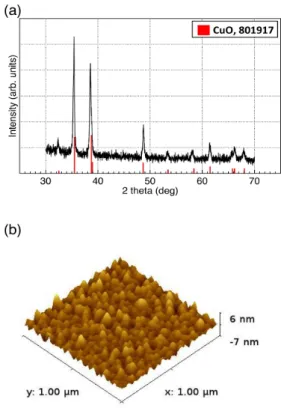 Fig.  1.  (a)  XRD  specta  of  sintered  CuO  films  at  500℃  for  1  hour  in  air  and  (b)  an  AFM  image  of  sintered  CuO　films.