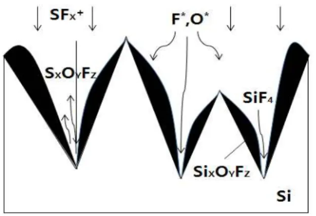 Fig.  1.  The  etching  mechanism  in  multicrystalline  silicon  surface  using  reactive  ion.
