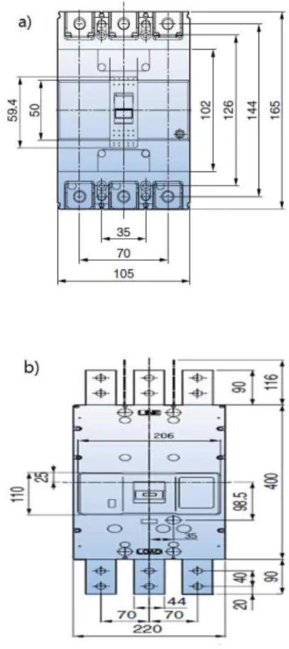 Fig.  2.  Dimension  of  circuit  breaker.  a)  250AF  and  b)  1,200AF.