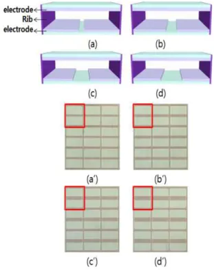 Fig.  2.  Panel  structure  of  various  electride  spaces  (a)  10  ㎛,  (b)  15  ㎛,  (c)  20  ㎛,  (d)  25  ㎛,  (a’)~(d’)  photomicroscopic  image  showing  each  electrode  spaces.