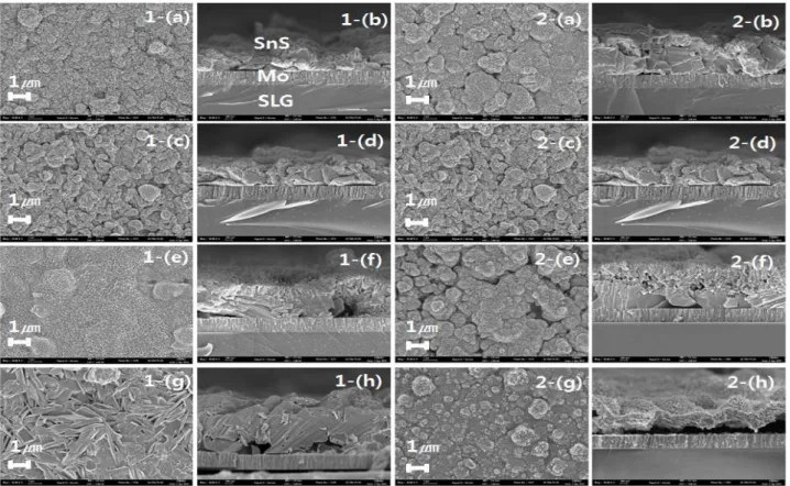 Fig.  2.  Planar  and  cross-sectional  SEM  images  of  SnS  polycrystalline  films. 