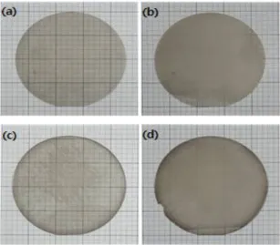 Fig.  2.  Photographs  of  electro-chemical  etching  in  FS-GaN.  (a)  and  (b)  are  before  and  after  ECE  in  concave  type  FS-GaN,  (c)  and  (d)  are  before  and  after  ECE  in  convex  type  FS-GaN,  respectively.