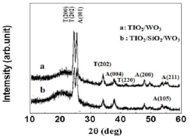 Fig.  3.  (a)  SEM  and  (b)  AFM  images  on  surfaces  of  thin  films  A,  B,  C,  and  D:  TiO 2   mono-layer  thin  film  A,  WO 3