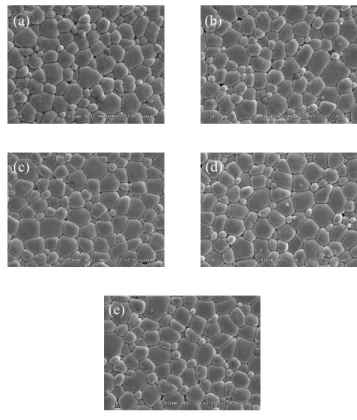 Fig.  1.  The  SEM  micrographs  of  the  PMW-PNN-PZT  ceramics  as  a  function  of  BiFeO 3   substitution:  (a)  x=  0,  (b)  x=  0.005,  (c)  x=  0.01,  (d)  x=  0.015,  and  (e)  x=  0.018
