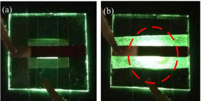 Fig.  6.  Photographs  of  the  electroluminescence  radiated  from  (a)  the  reference  device  and  (b)  the  device  with  RTF  150.