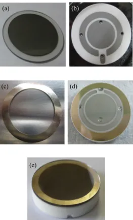 Fig. 6. Parts of capacitance pressure sensor. (a) sapphire  wafer(membrane),  (b) ceramic body, (c) brazing metal ring, (d)  brazing metal ring on the ceramic body, and (e) capacitance  pressure sensor brazing with the membrane and body.