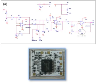Fig. 9. Voltage circuit of hydraulic pressure sensor. (a) voltage  circuit schematic and (b) circuit board.
