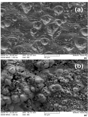 Fig.  7.  Plan-view  SEM  images  of  (a)  GeSbTe  and  (b)  GaGe  target  surfaces  obtained  after  sputter  deposition.