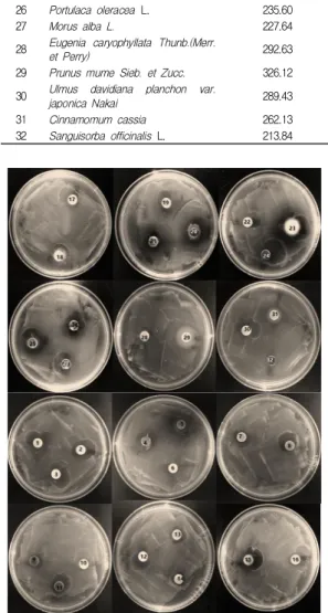 Fig.  1.  Antibacterial  effect  of  32  medicinal  plants  extracts  as  clear  zone  of  inhibition  (mm 2 )  against  H