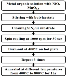Fig.  1.  Fabrication  process  of  the  nickel  manganite  thin  films. 한  분야에서  응용되고  있으며  이러한  발전은  소형화 된  장치의  수요를  발생시켰다