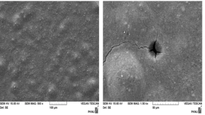 Fig.  3.  The  photo  electrode  surface  by  needle  stamp  (a)  less  than  70℃ and  (b)  more  than  80℃.