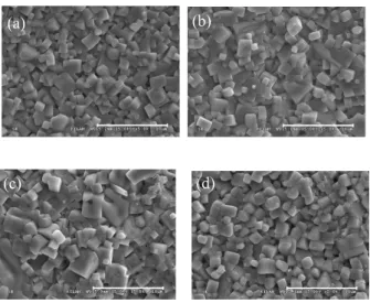 Fig.  2.  Microstructure  of  specimens  as  a  function  of  sintering  temperature  (a)  1,060℃,  (b)  1,070℃,  (c)  1,080℃,  (d)  1,100℃
