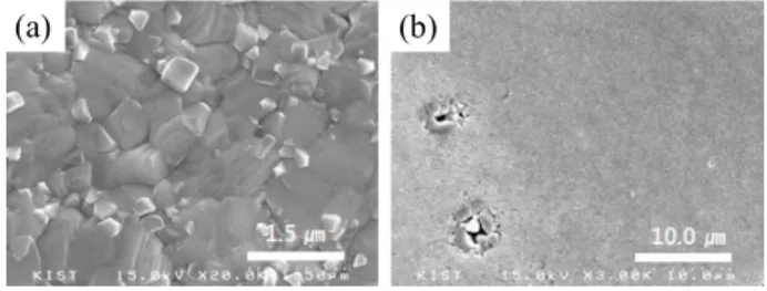Fig.  14.  SEM  surface  images  of  a  CuInSe 2   thin  film  after  selenization  and  KCN  etching:  (a)  ×20,000,  (b)  ×3,000.