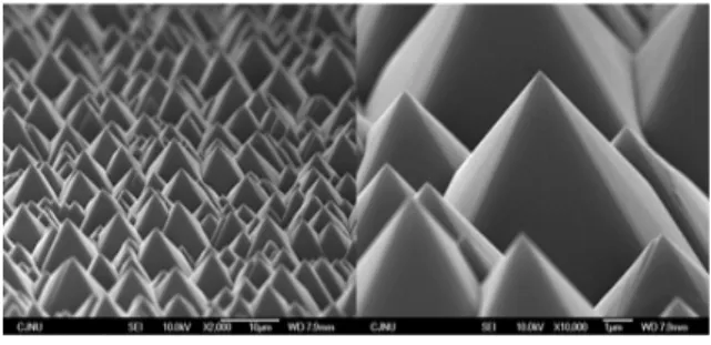 Fig.  5.  SEM  images  of  surface  structures  by  2  step  texturing  with  different  RF  power.