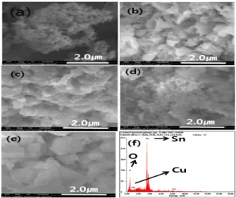 Fig.  3.  SEM  images  and  EDS  of  nano  sized  SnO 2 :Cu  for  various  Cu  concentration;  (a)  0  wt%,  (b)  4  wt%,  (c)  6  wt%,  (d)  8  wt%,  (e)  10  wt%,  and  (f)  EDS  at  8  wt%.