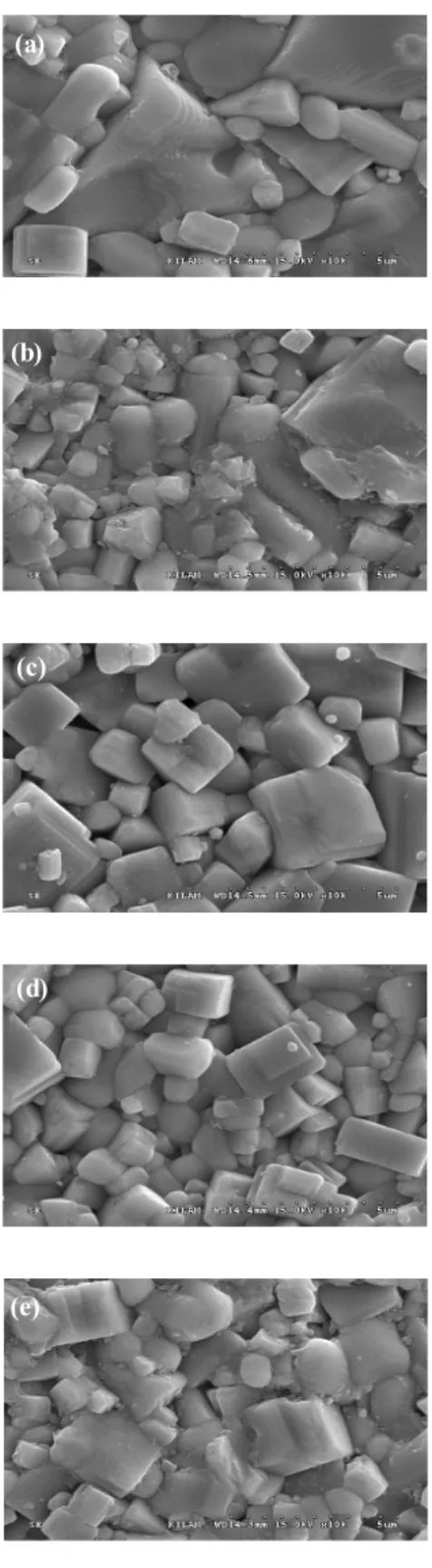 Fig.  2.  Microstrocture  of  specimens  as  a  function  of    Nb 2 O 5  content.  (a)-  0  wt%  Nb 2 O 5 ,  (b)-0.1  wt%  Nb 2 O 5 ,  (c)-0.2  wt%  Nb 2 O 5 ,  (d)-  0.4  wt%  Nb 2 O 5 ,  and  (e)-0.5  wt%  Nb 2 O 5 