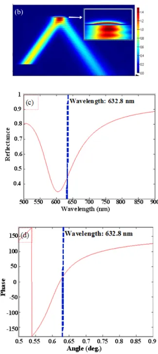 Fig.  3.  (a)  Incident  angle  of  light  at  the  bottom  region  of  the  metal  film,  (b)  FDTD  simulation  results  at  the  defect/metal  interface  for  the  46.93  degree-angle,  (c)  SPR  characteristics  curve  at  the  incident  angle  of  the