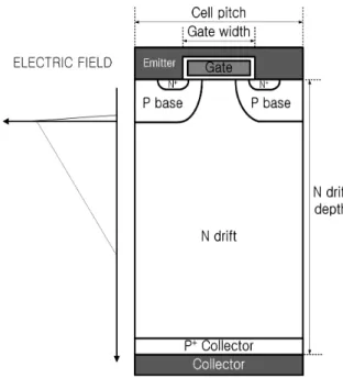 Fig.  1.  Structure  of  planar  gate  NPT  IGBT  and  electric  field  of  forward-blocking  state.
