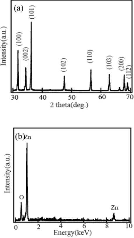 Fig.  2.  XRD  patterns  and  EDX  spectra  of  the  product  synthesized  by  thermal  oxidation  of  ZnS  powder  at  1,300℃ 