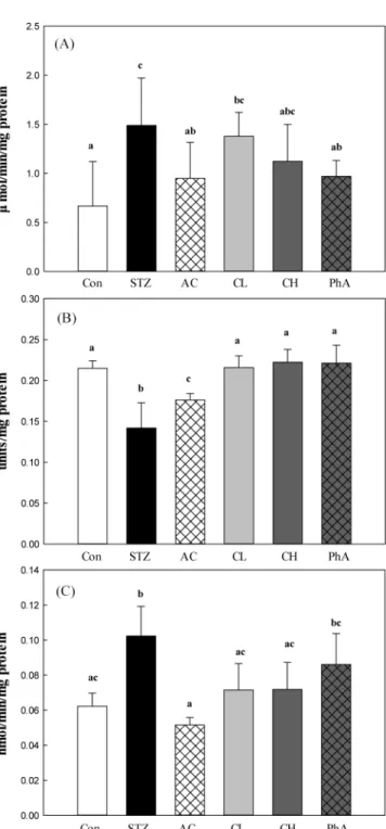 Fig. 5. Effects of CFE and PhA on renal SOD and CAT activities of STZ-induced rat for 9 weeks