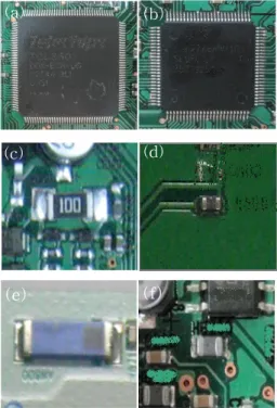 Fig.  1.  Image  of  specimens.  (a)  QFP1,  (b)  QFP2,  (c)  R1  chip,  (d)  R5  chip,  (e)  AN  chip,  (f)  HB  chip.