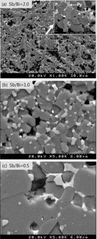 Fig.  3.  Microstructure  of  ZBSCo  (Sb/Bi=2.0,  1.0,  and  0.5)  systems  sintered  at  1,000℃