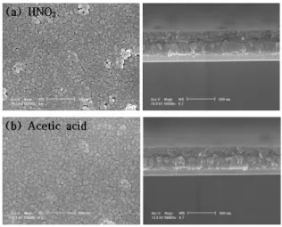 Fig.  2.  Surface  and  cross-sectional  micrographs  of  BFO  thin  films  with  variation  of  solvents.