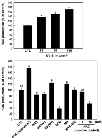 Fig. 5. ROS generation in a concentration dependent manner and effects of different berries and NAC on production of ROS by UV-B irradiation in the HaCaT cell line