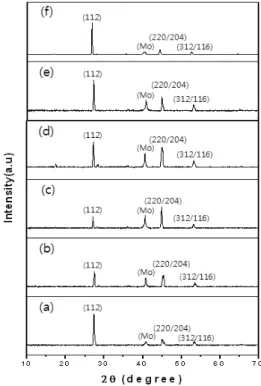 Fig.  4.  Plan  view  SEM  micrographs  of  CIGS  thin  films  with  different  Ga/(In+Ga)  ratios  of  (a)  0.13,  (b)  0.24,  (c)  0.3,  (d)  0.39,  (e)  0.62,  (f)  0.72.