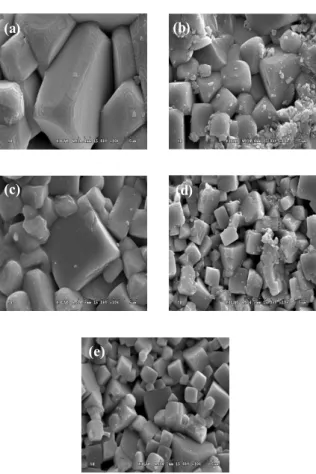 Fig.  2.  Microstrocture  of  specimens  as  a  function  of  Sb  substitution.  (a)-0mol%Sb,  (b)-2mol%Sb,  (c)-4mol%Sb,  (d)-6mol%Sb,  and  (e)-8mol%Sb.