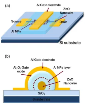 Fig.  1.  Schematic  view  of  NFGM  devices  constructed  with  a  single  ZnO  nanowire  and  Al  nanoparticles  (a)  top  view,  (b)  cross-sectional  view.