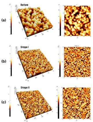 Fig.  6.  AFM  image  of  copper  wafer  surface  after  buffing  process;    (a)  Before  buffing  process,    (b)  After  Stage  1  and    (c)  After  Stage  2.