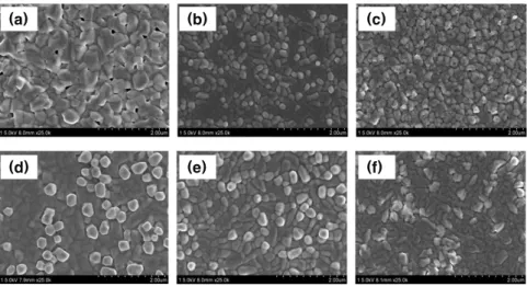 Fig.  7.  SEM  images  for  various  BFO-based  thin  films  deposited  at  oxygen  pressure  of  10  mTorr  (a)  BiFe 0.9 Ti 0.1 O 3