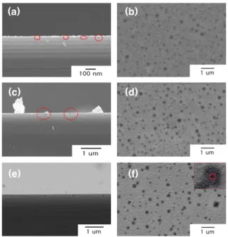 Fig.  1.  Cross-section  and  surface  SEM  images  of  carbonized  Si  substrates  with  several  carbonization  temperatures;  (a)  cross-section,  (b)  surface  at  1120℃,  (c)  cross-section,  (d)  surface  at  1200℃,  (e)  cross-section  and  (f)  sur