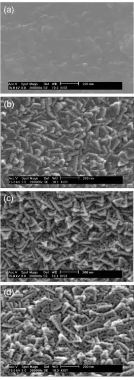 Fig. 3. Cross-sectional SEM images of anodized Ti films for (a) 1 h and (d) 3 h.