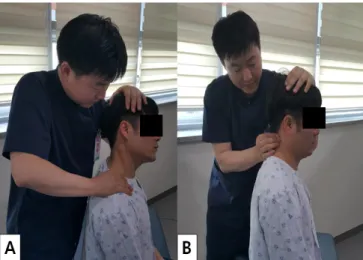 Fig 1. Stretch exercise of scalenus(A) and stretch  exercise of suboccipitals(B) 