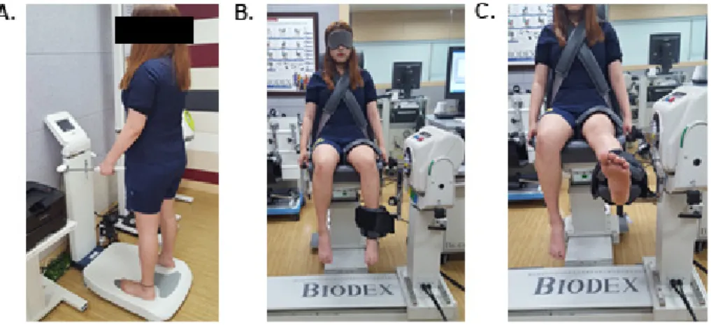 Fig 1. Procedures of present experiment (A) Inbody system to analyze body  composition of subjects, (B) Biodex system to measure position sense  of knee joint, (C) Inducing protocol of muscle fatigue on lower extremity