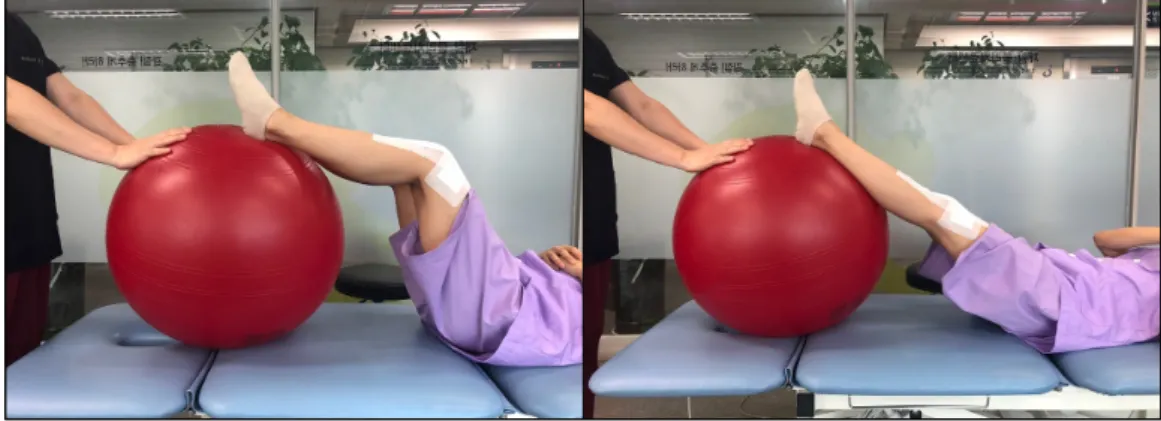 Fig 1. Knee joint active exercise using gym-ball (start, finish)