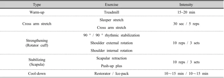 Table 1. Exercise programs for adolescent baseball players with shoulder internal impingement syndrome