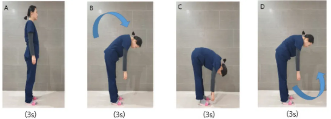 Fig 1. Functional task. (A) Erected posture. (B) Flexion of the trunk. (C) Maximum  voluntary flexion