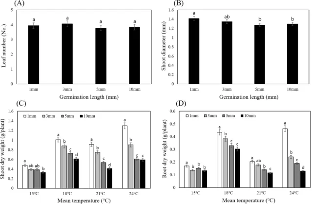 Fig.  2.  The  change  of  (A)  leaf  number  and  (B)  shoot  diameter  according  to  different  germination  length