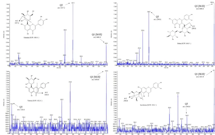 Fig  1.  Mass  spectra  and  fragmentation  schemes  of  the  representative  phenolic  compounds.