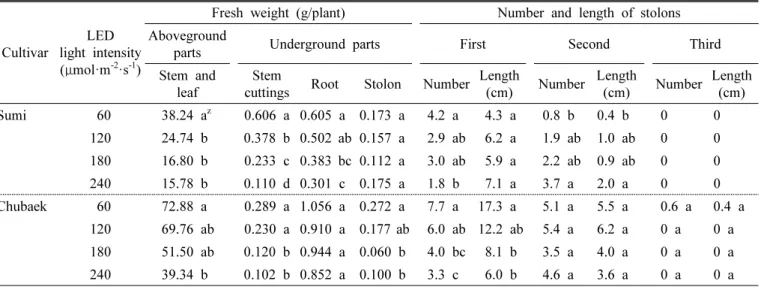 Table  3.  Effect  of  LED  light  intensity  on  the  fresh  weight  and  stolon  development  of  2  potato  cultivars  grown  for  80  days  after  planting  of  stem  cuttings  in  an  aeroponic  system.