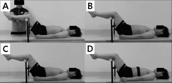 그림  1.  배근육 강화운동 운동  자세. A. starting position, B. DLL: double leg lowering,  C. DLL-ADIM: double leg lowering with abdominal draw-in maneuver, D