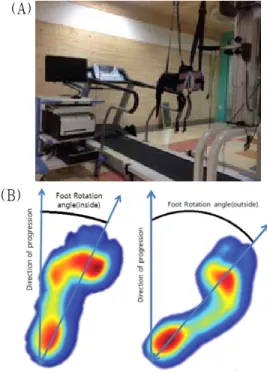 Fig. 1. Treadmill gait analysis system and harness  equipment (A), foot rotation angle on the  foot pressure analysis graph (B).