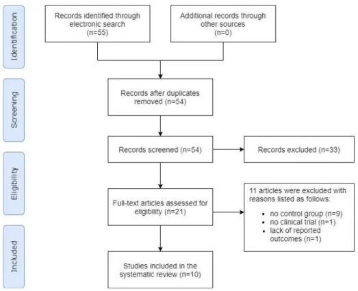 Fig. 1. PRISMA flow chart of the literature selection. 2. 선정된 연구의 특성 10편의 연구는 모두 중국에서 출판되었으며, 만 성 사구체신염(chronic glomerulonephritis, CGN) 9 편 15-18,20-24 , 막증식 사구체신염(membranoproliferative glomerulonephritis, MPGN) 1편이었다 19 