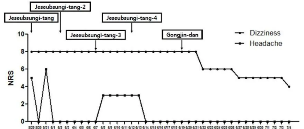 Fig. 3. Change of the medication during hospitalization and progress of the change of dizziness, headache, improved each symptoms during admission period.